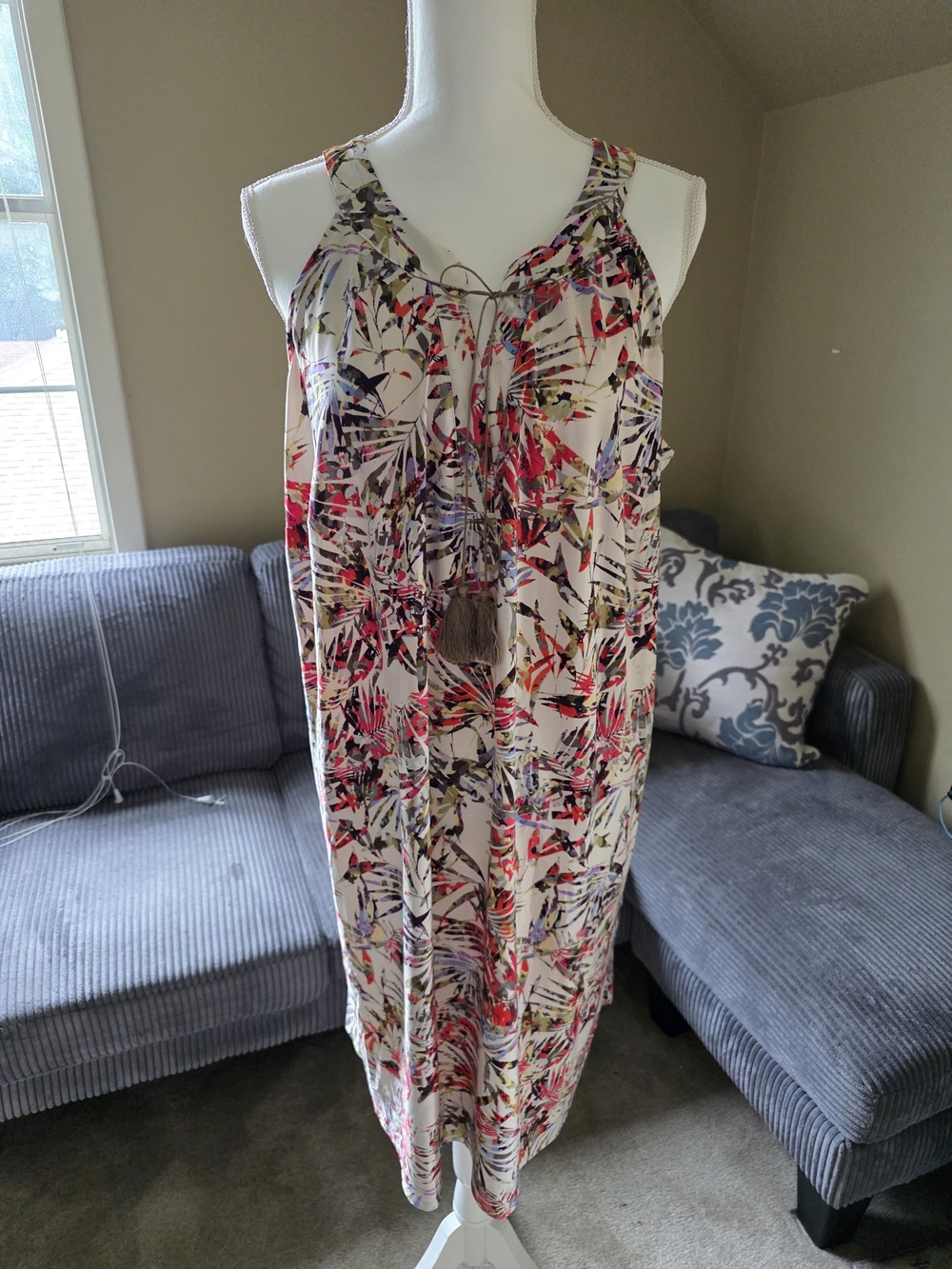 Tacera Cream Floral Midi Dress with Pink & Green Accents 2x
